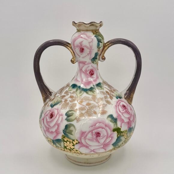 Antique Nippon Pink and Gold Porcelain Vase with Elegant Floral Accents & Gilt - Picture 8 of 12